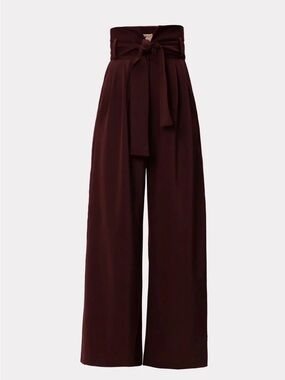 High-Waist Wide-Leg Pants with Tie Belt - Deep Burgundy